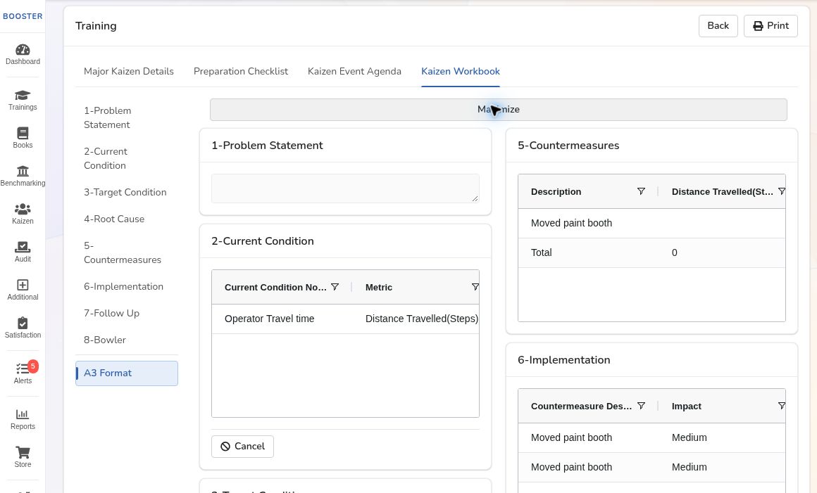 Booster Major Kaizen workbook A3 Format view showing a structured improvement record.