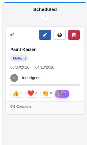 Major Kaizen card with Like, Love, Clap, and Celebrate reactions, including a celebration on Paint Kaizen.
