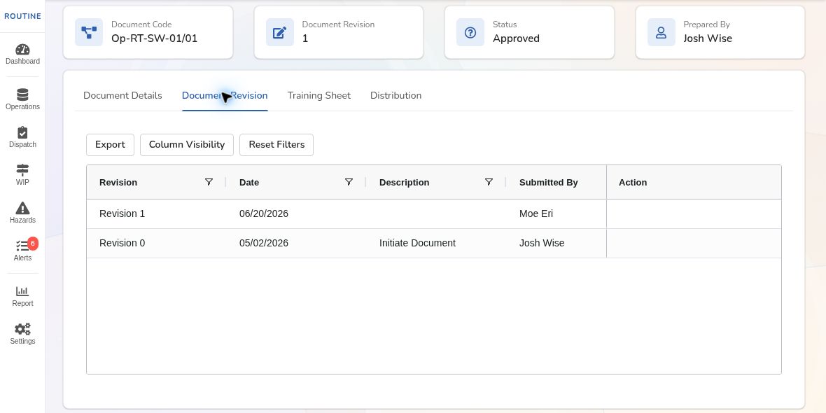 Routine document-control view showing an approved document and two revision-history entries.