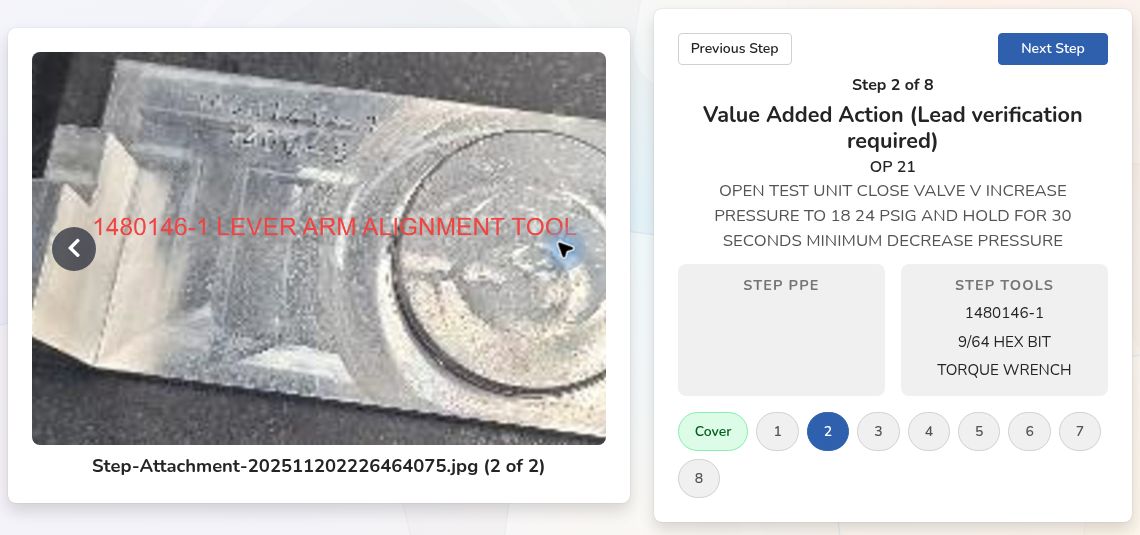 Routine approved valve-assembly work instruction with eight-step navigation, illustration, tools, PPE, and lead-verification labeling.