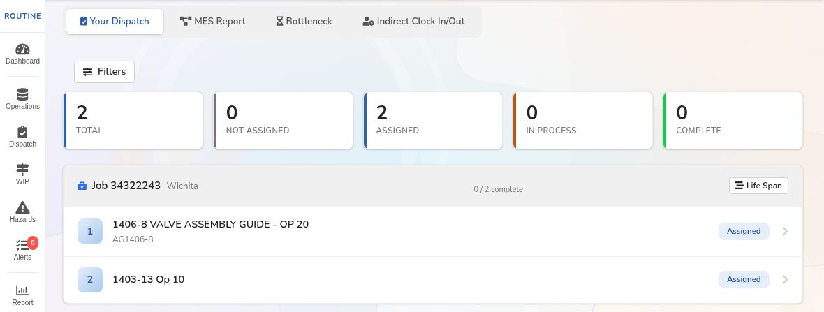 Routine dispatch view showing assigned operations, job progress and status totals.